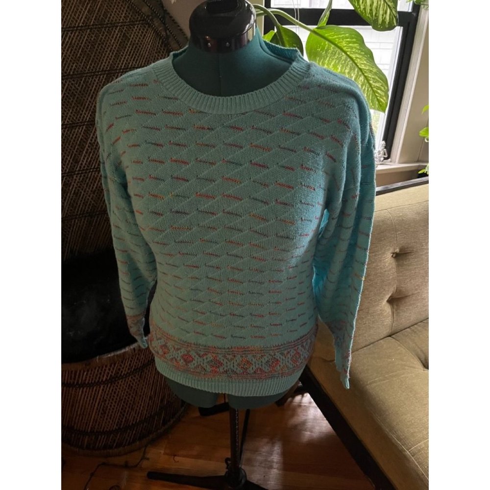 Vintage 70s-80s Woven Geometric Sweater in Robin Egg's Blue with Multicolor Acce
